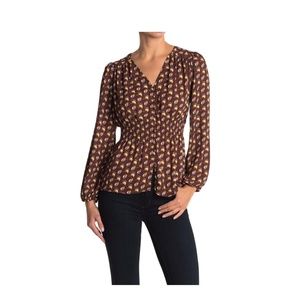 PLEIONE V-neck Smocked Long Sleeve Peplum Blouse In Brown Abct Feather